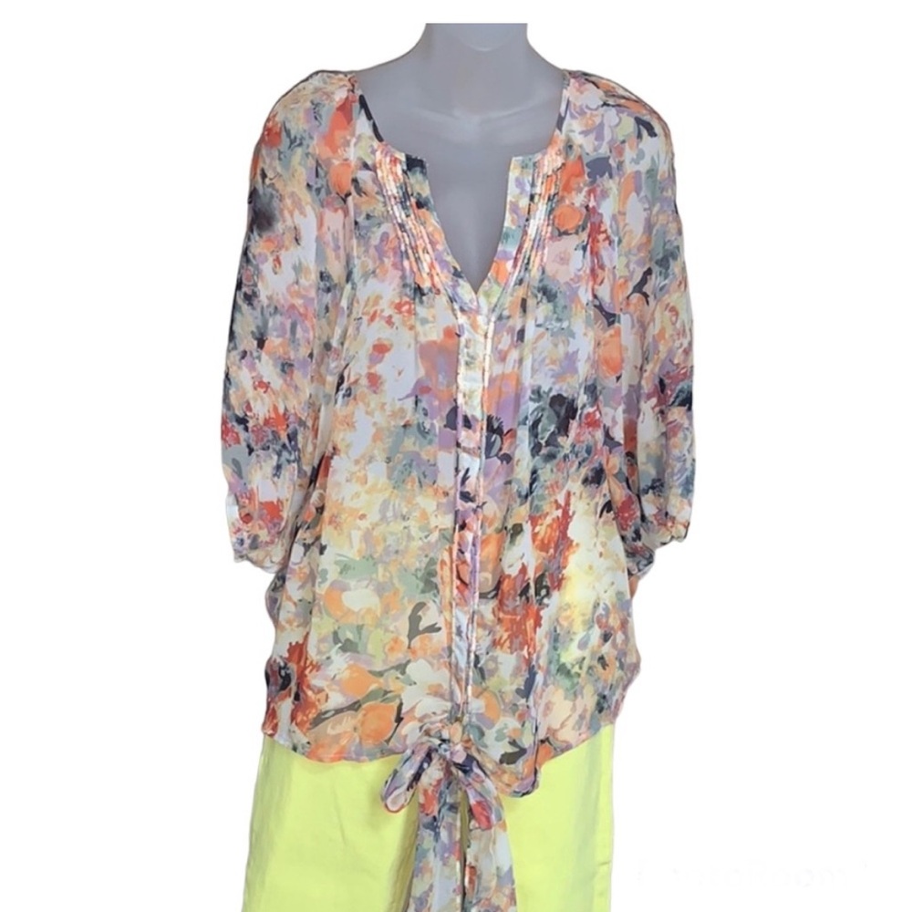 Hilma Petite Watercolor Floral Chiffon Blouse LP Split Neck Tie Waist - Picture 1 of 7